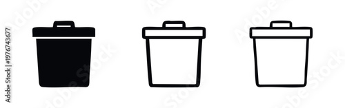 Set of three trash can icons: solid black, black outline, and white outline