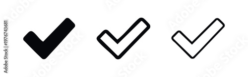 Set of three check mark icons: solid black, black outline, and white outline