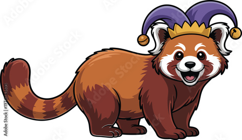 Cute red panda wearing a colorful jester hat