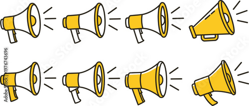 Collection of yellow and white megaphone icons with sound waves megaphone campaign