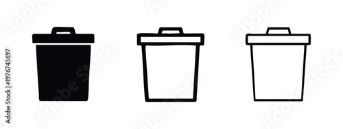 Set of three trash can icons: solid black, black outline, and white outline