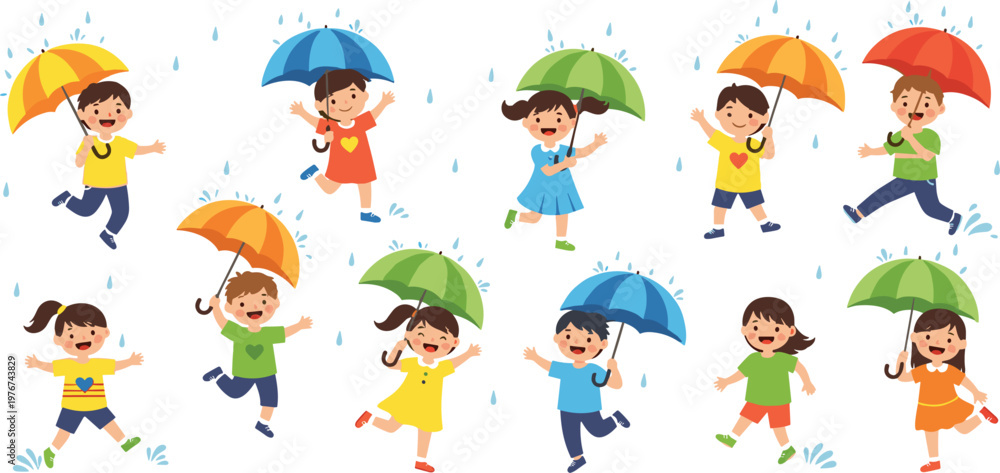 Obraz premium Cute Children Playing In The Rain Vector Set Featuring Little Boys And Girls Holding Colorful Umbrellas For Seasonal Weather And Childhood Graphic Designs
