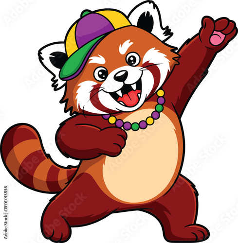 Cartoon red panda character wearing a colorful cap and beads