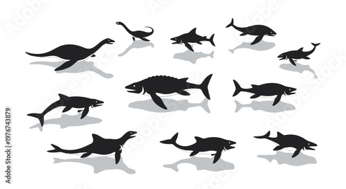Jurassic Sea Creature Silhouettes Illustration Vector Prehistoric Marine Animals Set