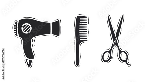 Hairdressing tools silhouette icons including hairdryer comb and scissors with chalk texture