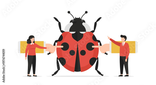 Software testing and debugging concept illustration with developers pointing at a giant bug