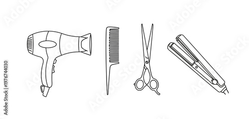 Beauty salon styling tools line art featuring hairdryer scissors comb and hair straightener