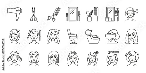 Women hair salon line icon set showing female hairstyles professional styling tools and furniture