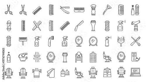 Barbershop and hair salon thin line icon set featuring scissors clippers and styling tools