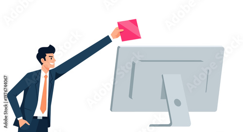 Businessman in suit reaching out to place a pink document or message note on a computer monitor