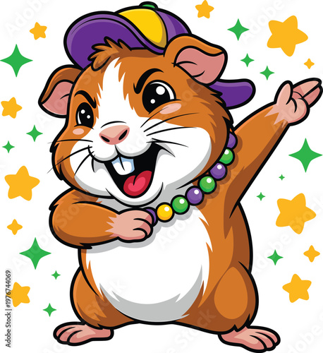 Cartoon hamster character dabbing wearing a colorful cap and beaded necklace