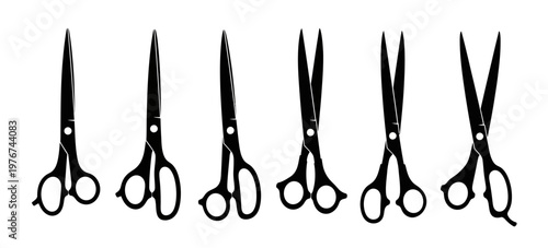 Professional hair cutting scissors silhouette set showing multiple shears isolated on white background