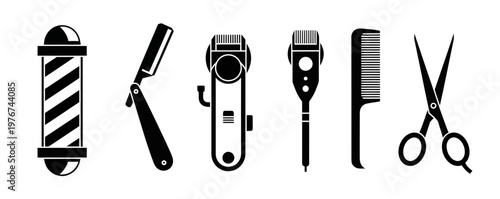 Barbershop silhouette icon set with barber pole straight razor hair clippers comb and scissors