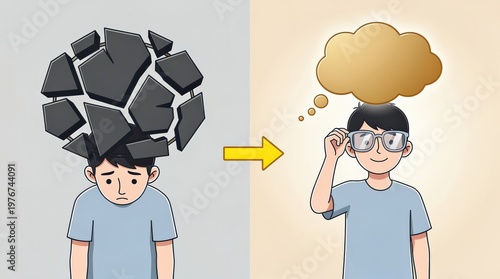 Cognitive Reframing Vector Illustration Showing Negative to Positive Thought Transformation