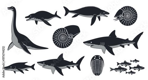 Prehistoric Marine Life Vector Illustration Set with Ancient Sea Creatures and Dinosaurs