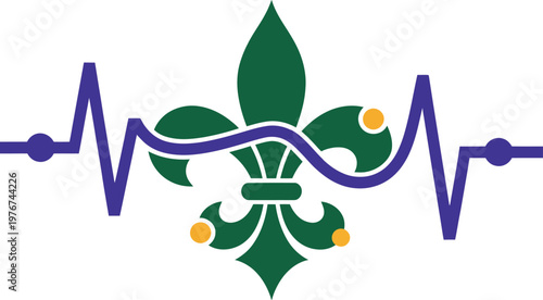 Fleur de lis symbol combined with a blue heartbeat ekg line graphic