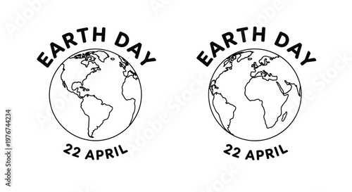 Earth Day logo design features a spherical globe illustration with the text 22 April curved around the top and bottom in a simple black ink style on a clean white backdrop.