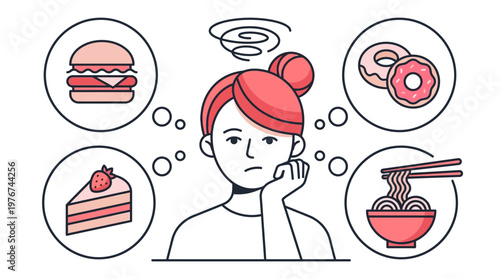 Young Woman Thinking About Food Cravings, Flat Vector Illustration of Emotional Eating, Decision Fatigue and Hunger Concept with Burger, Donuts, Cake, and Ramen Icons.