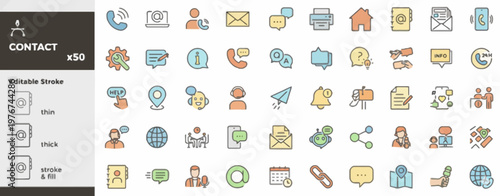 Contact icons set for web and mobile applications, editable stroke, flat design with color accents