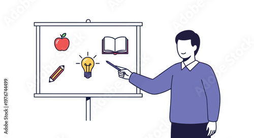 Man presenting ideas on whiteboard with education symbols