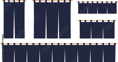 Multiple sizes of japanese noren curtains hanging on a rod with japanese, interior