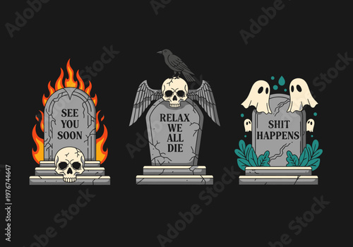Funny Gothic Tombstones Illustration with Sarcastic Quotes, Skulls, and Ghosts - Set of 3 Macabre Gravestone Designs for Halloween and Dark Humor