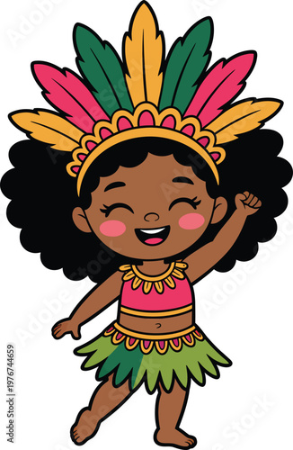 Cute cartoon girl in a colorful carnival costume with feathers on her head, dancing and smiling
