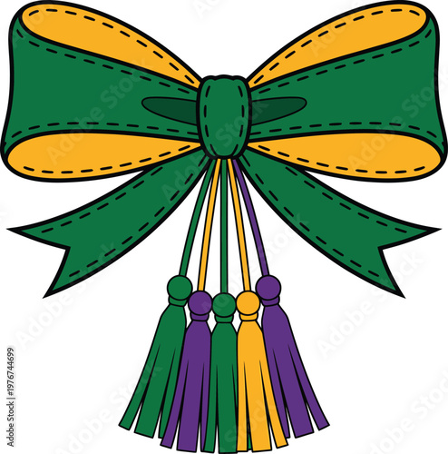 Festive mardi gras bow with decorative tassels in green, gold, and purple colors