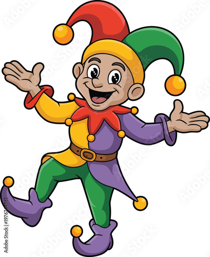 Cartoon jester character in colorful costume