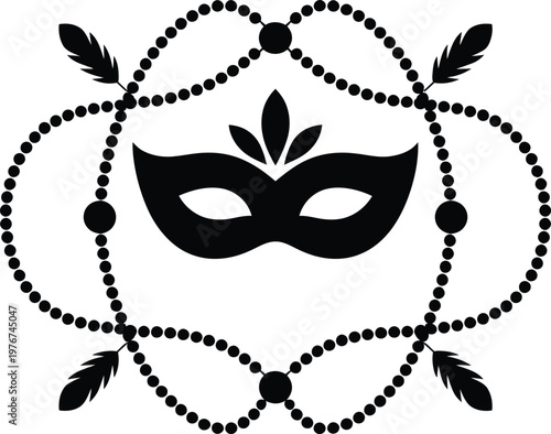 Mardi gras mask icon with beads and feathers, festive carnival masquerade design element