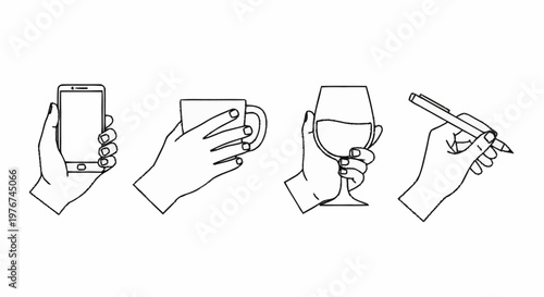 Hands Holding Objects - Phone, Mug, Wine Glass, and Pen.