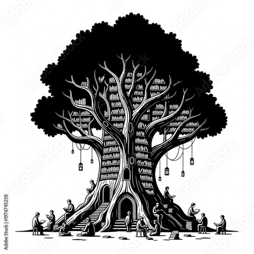 Whimsical Tree of Knowledge - A Library Nestled Within Natures Embrace.