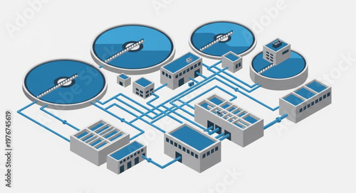 Wastewater treatment plant industrial process model illustration.