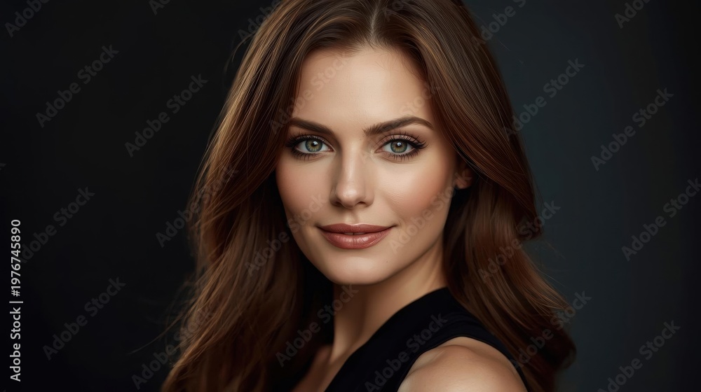 Fototapeta premium Close-up portrait of a confident woman with long brown hair, striking eyes, and subtle makeup against a dark background.