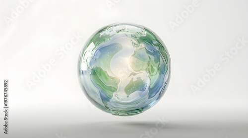 Transparent glass globe with soft green and blue earth-like patterns, eco sustainability and environmental concept isolated background