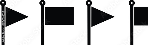 Set of black flag icons featuring various geometric shapes including triangular and rectangular pennants on poles for markers map points goals and achievements.