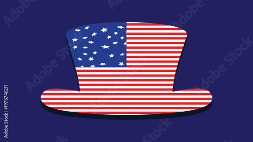 Uncle Sam hat with American flag pattern on dark blue background for Independence Day celebration.