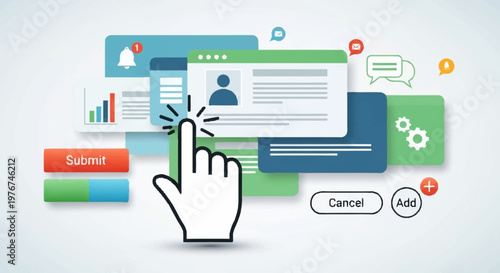 Hand Interacting with User Interface Elements on Digital Screens.