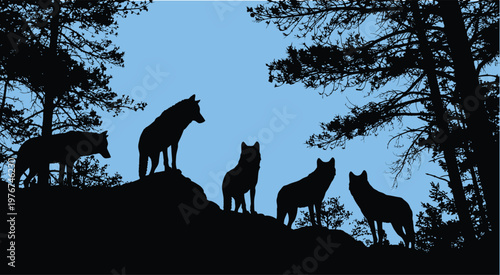 Wolf pack silhouette a majestic gathering in the forest under a blue sky