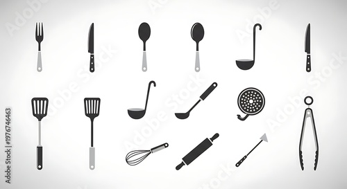 Collection of kitchen cooking utensils and cutlery icons.