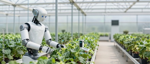 Humanoid robot monitoring plants in modern greenhouse for smart farming and agricultural innovation