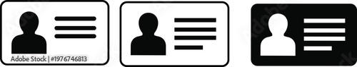 Set of identity card icons featuring plastic ID badge symbols with user profile silhouettes and data lines for membership identification license or employee document.