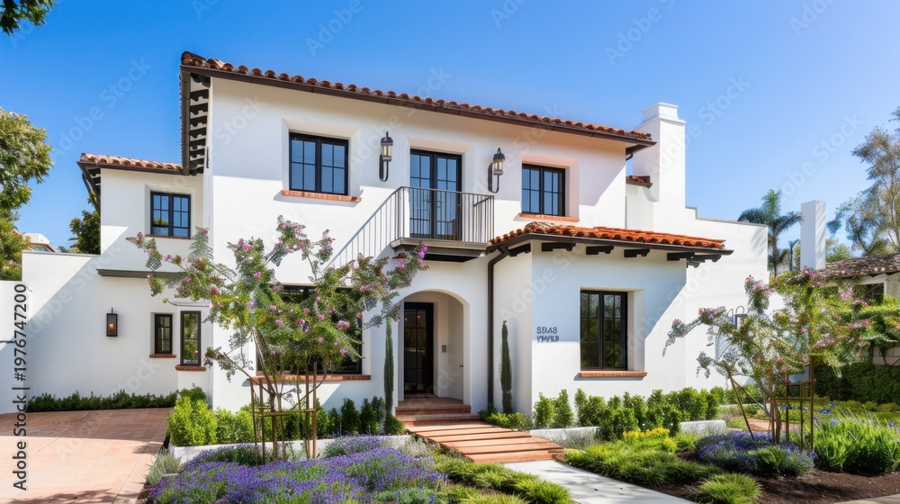 Fototapeta premium Charming modern villa with elegant architecture and lush landscaping in bright sunlight, showcasing a stunning outdoor area