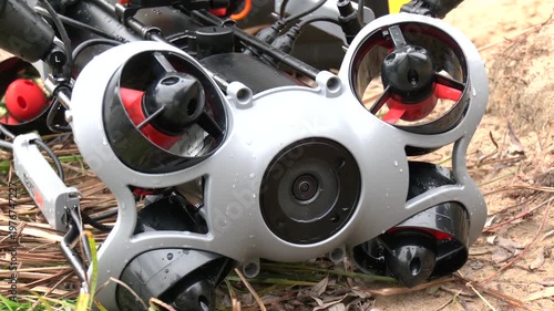 Professional Drone for Emergency Rescue Services, Exploration, Fishing and Filming. Exploring underwater river world using remote drone. 
