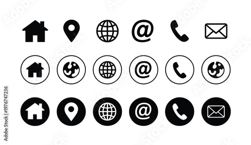 Set of essential contact icons: house, map pin, globe, email, phone, and envelope in various styles.