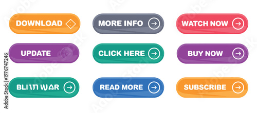 Collection of vibrant, modern call-to-action buttons for web and app interfaces, including download and subscribe.