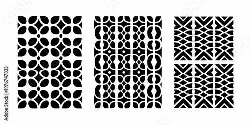Three black and white geometric patterns arranged vertically in a row