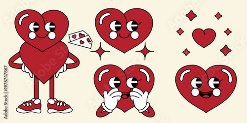 Cartoon hearts with faces express various playful and emotive gestures