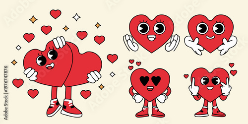 Playful cartoon hearts with faces and limbs express love and happiness