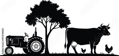 Vintage farm scene tractor cow and chickens in silhouette